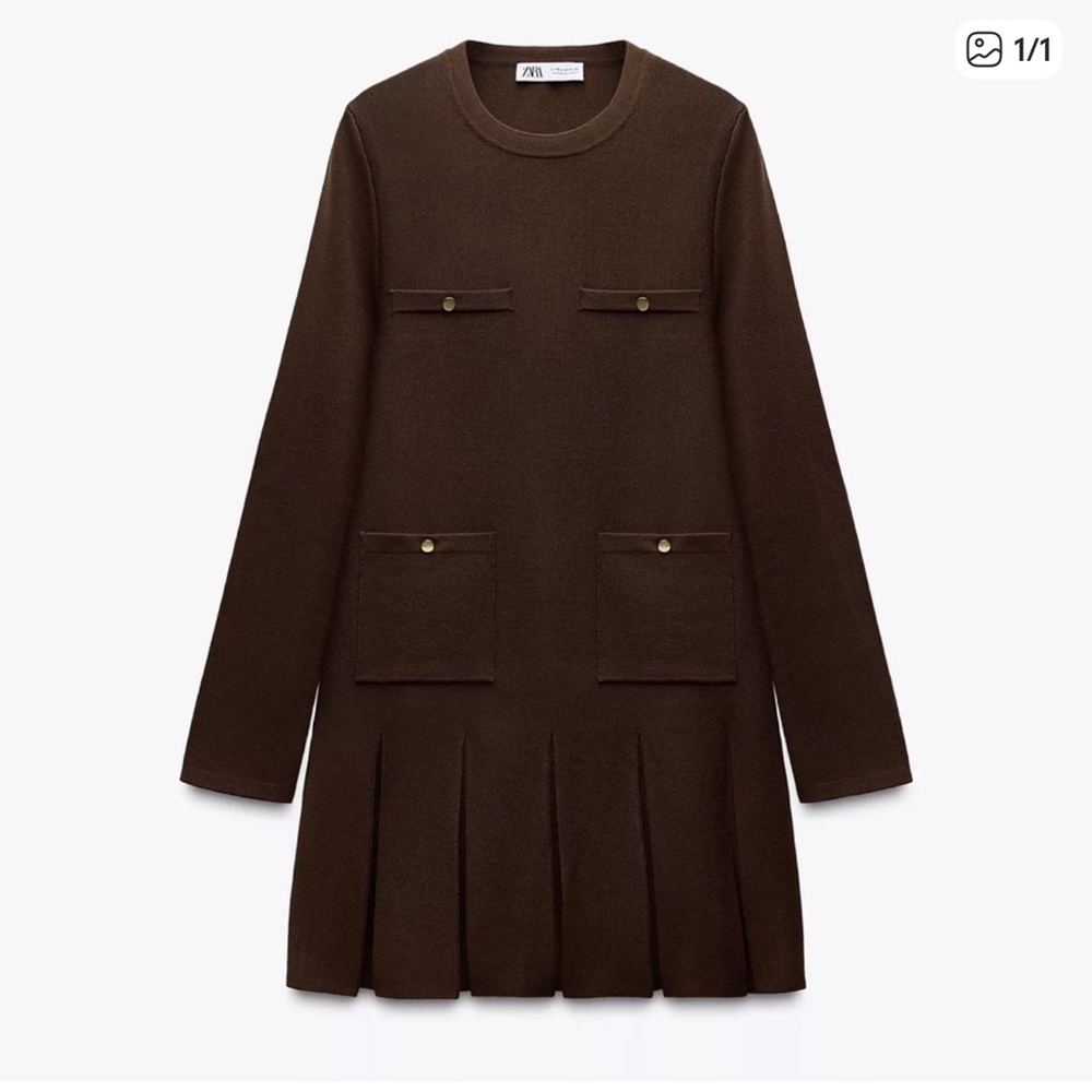 Zara Knit Long Sleeve Pleated Mini Dress Brown